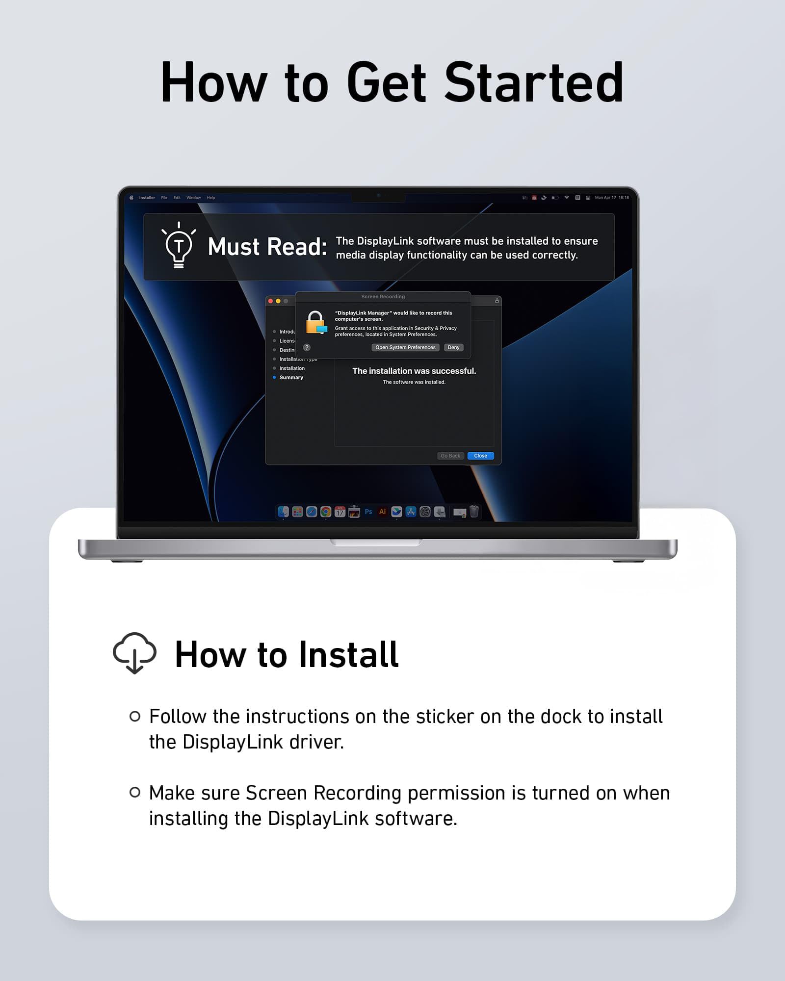 Laptop screen displaying software installation instructions with a light blue background