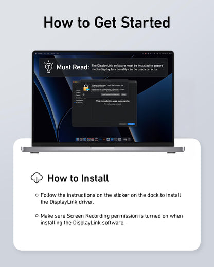 Laptop screen displaying software installation instructions with a light blue background