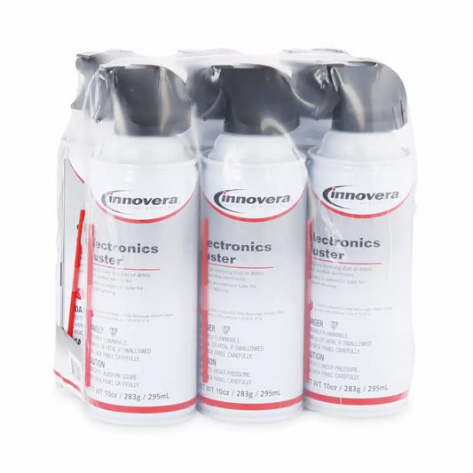 Six cans of Innovera electronics cleaner in packaging on a white background
