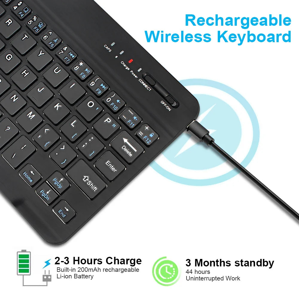 Bluetooth wireless keyboard by Electronics Den with sleek design and compact layout on a wooden desk background.