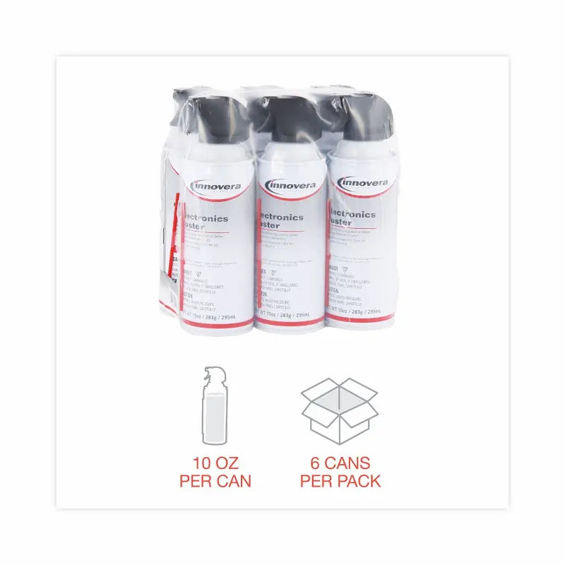 Six cans of Innovera electronics cleaner with product details on a white background