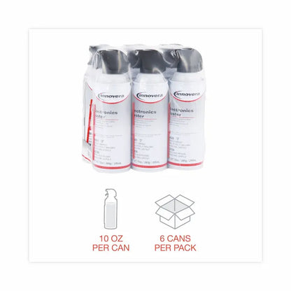Six cans of Innovera electronics cleaner with product details on a white background