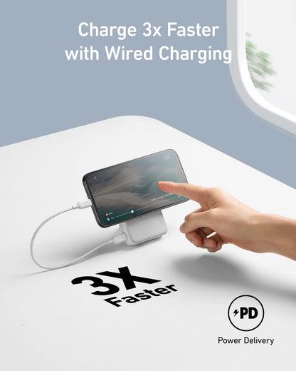 White Anker 633 Magnetic Battery for charging, compact power bank with magnetic attachment for smartphones and devices.
