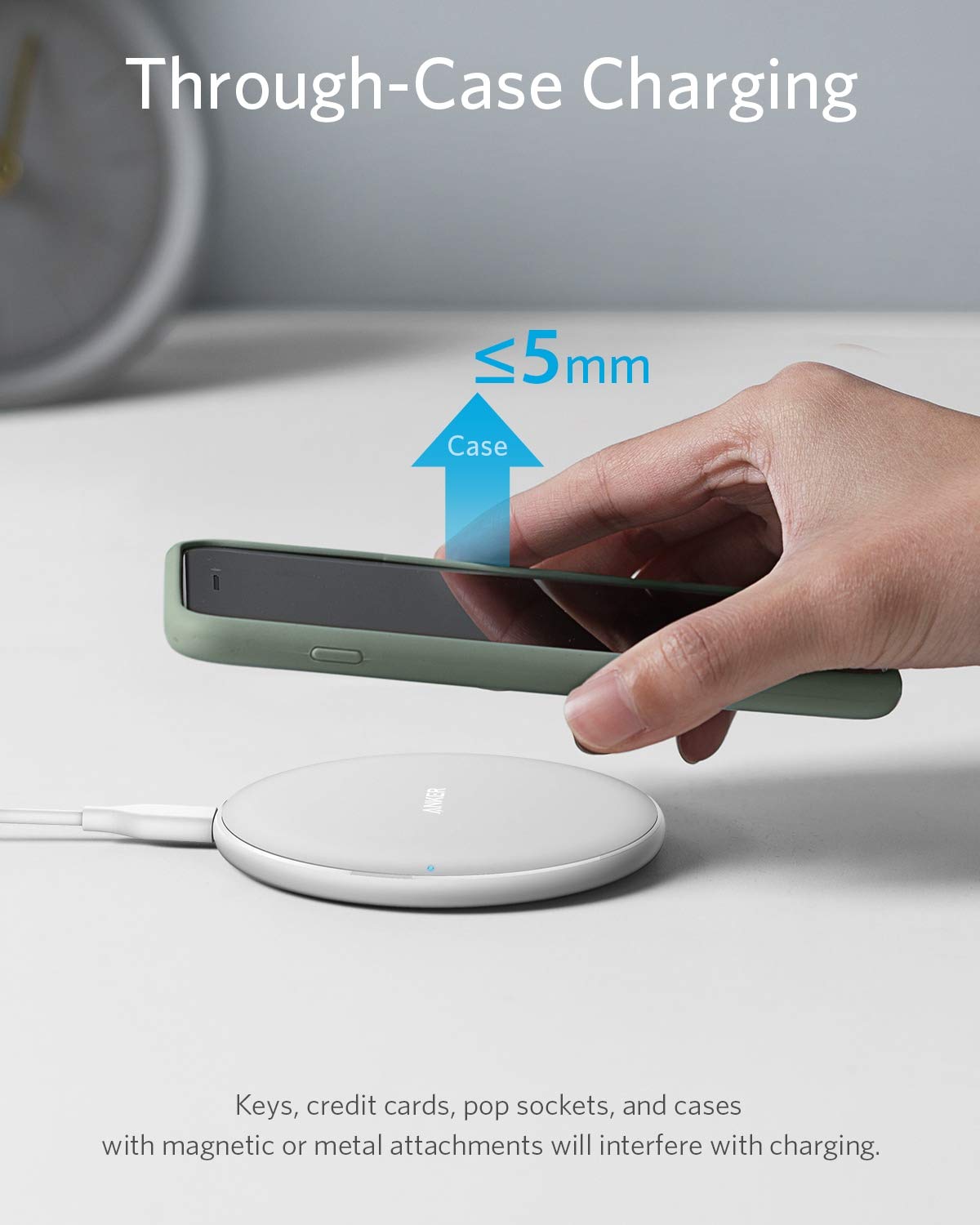 Anker 313 Wireless Charger pad in white, designed for efficient charging of compatible devices.