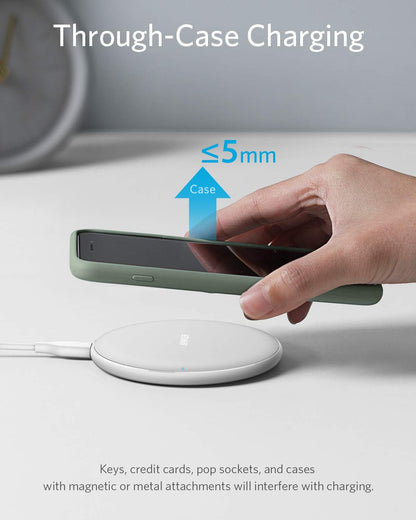 Anker 313 Wireless Charger pad in white, designed for efficient charging of compatible devices.