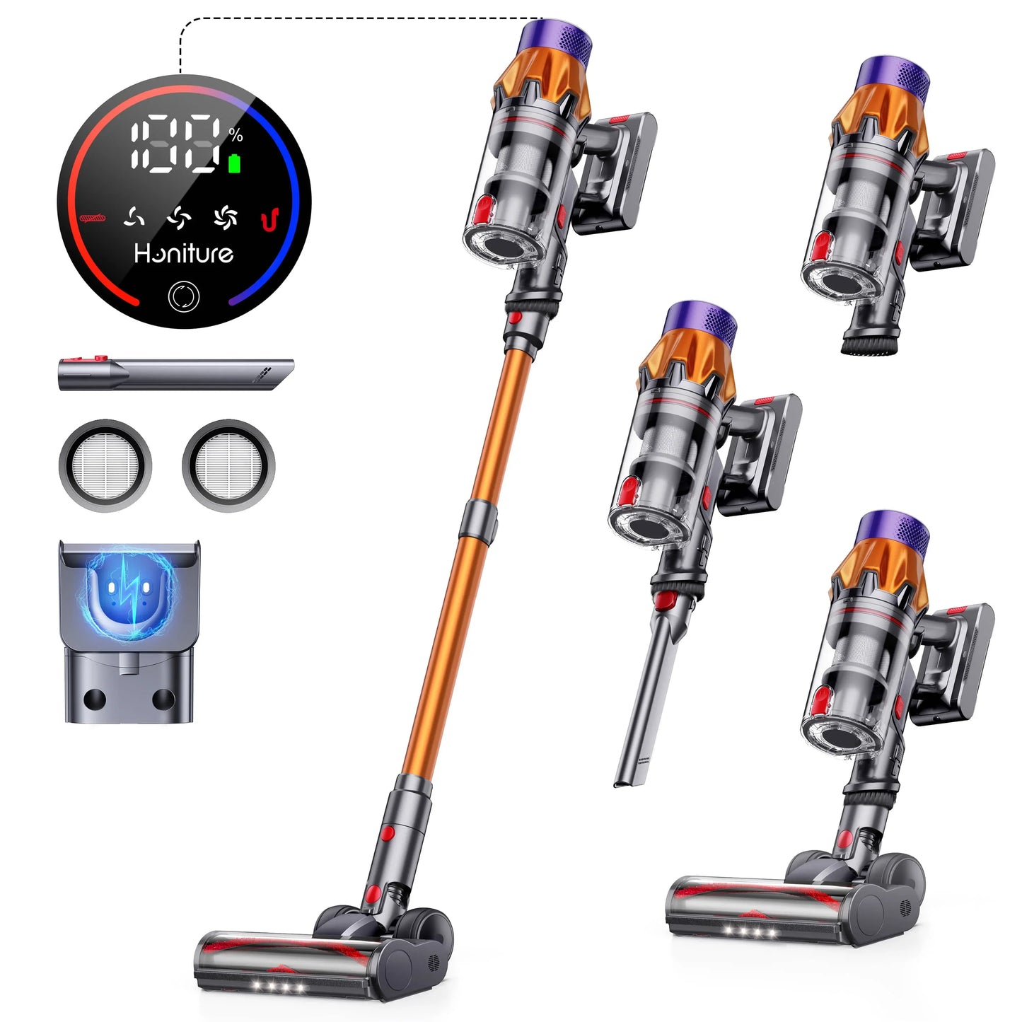 Honiture X7 cordless vacuum cleaner showcasing sleek design and powerful suction capabilities on a clean surface.