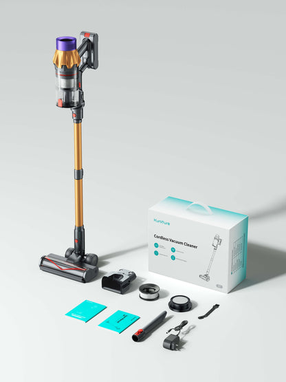 Honiture X7 cordless vacuum cleaner box contents including accessories and user manual displayed neatly.
