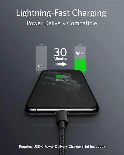 Ezybuy USB-C to Lightning cable, Anker B-331-B, showcasing durable connectors and flexible design on a white background.