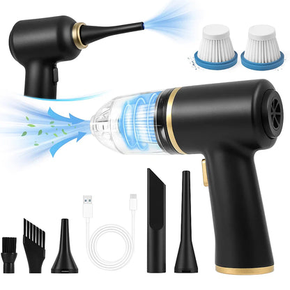 Black handheld vacuum cleaner with attachments on a white background