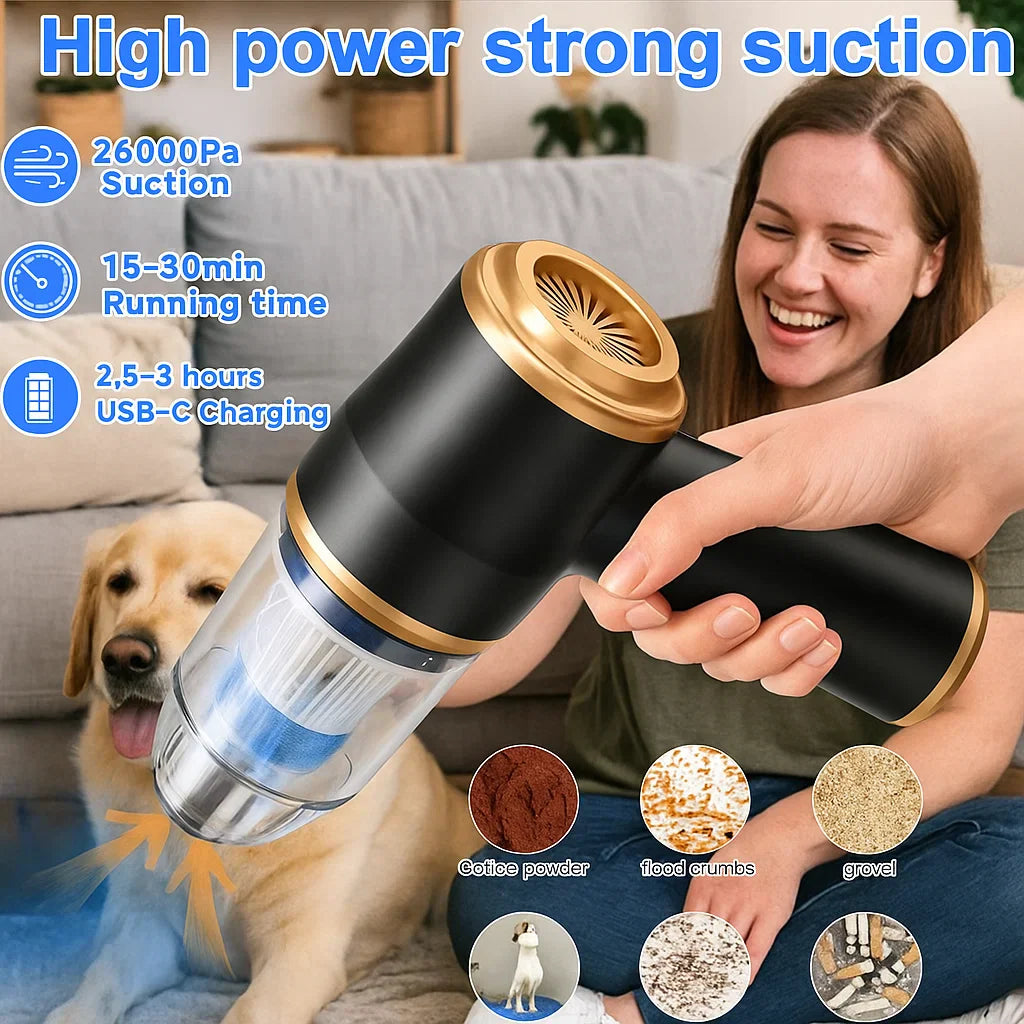 Person using a handheld vacuum cleaner with a woman and dog in the background, highlighting features like suction power and charging time.