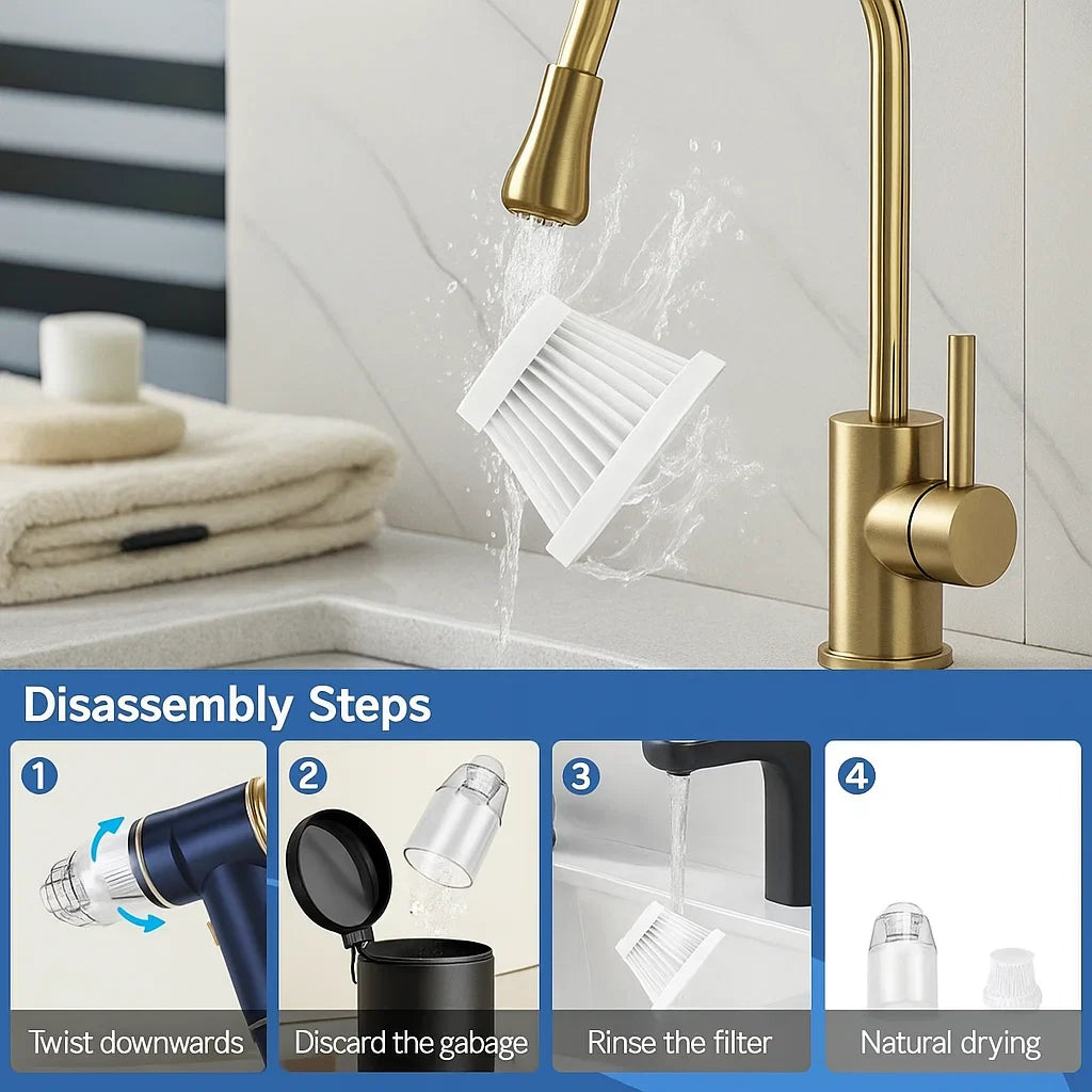 Gold kitchen faucet with water flowing, accompanied by disassembly steps for a filter.