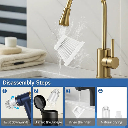 Gold kitchen faucet with water flowing, accompanied by disassembly steps for a filter.