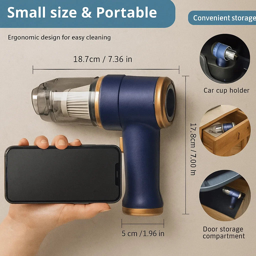 Handheld cleaning tool with dimensions and storage options displayed