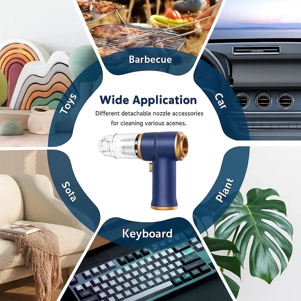 Multifunctional cleaning tool with various application scenarios including barbecue, car, sofa, plant, and keyboard.