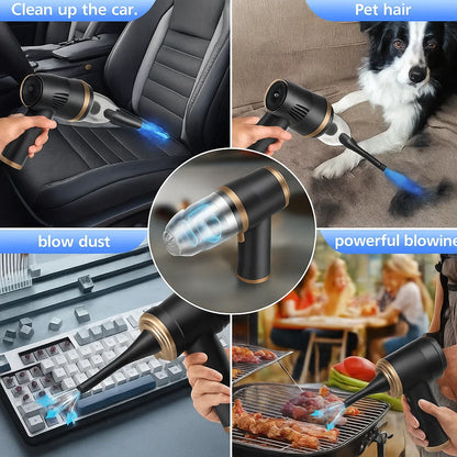 Multifunctional hair dryer being used on car seats, pet fur, keyboard, and grill with text labels.